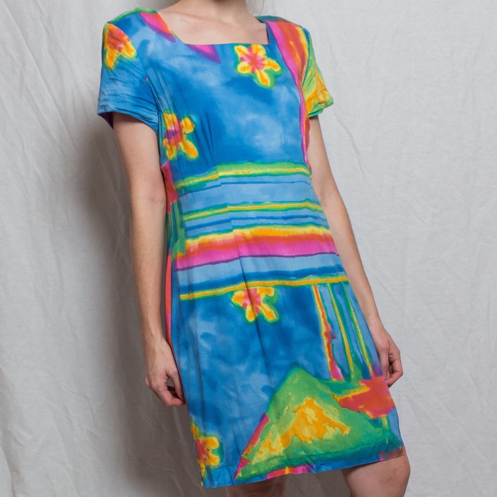 Multicolored 1980s Midi Dress with Shoulder Pads
